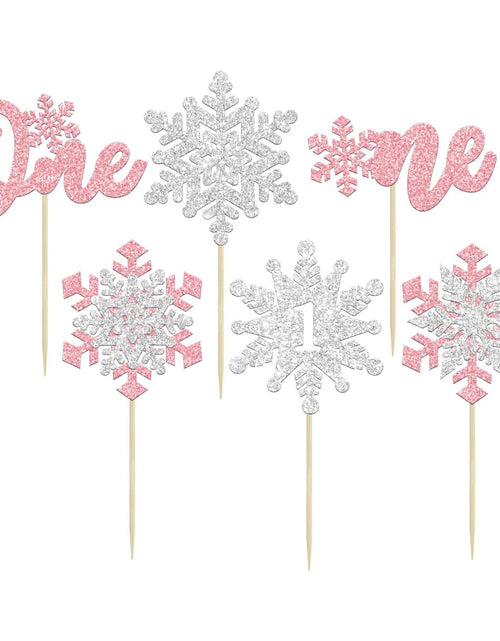 Load image into Gallery viewer, Gyufise 24Pcs Double Layer Pink Glitter Snowflake Cupcake Toppers Paper
