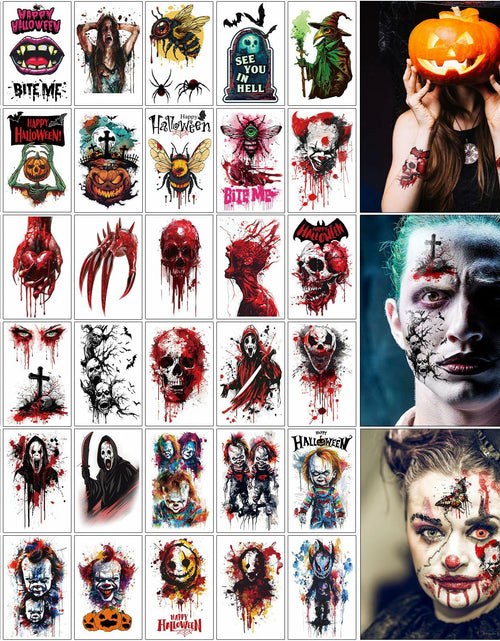 Load image into Gallery viewer, Halloween Temporary Tattoos 36 Sheets Scary Joker Pumpkin Skull Ghost Bats
