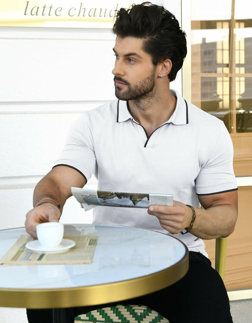Load image into Gallery viewer, Aiyino Men's Muscle V Neck Polo Shirt Slim Fit Cotton Golf Tee White Size M
