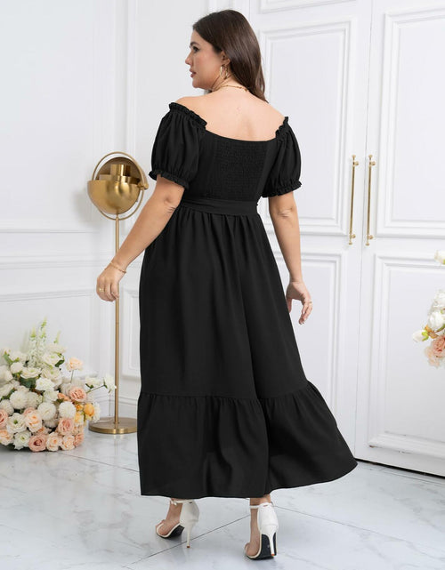 Load image into Gallery viewer, SCOMCHIC Plus Size Off Shoulder Puff Sleeve Maxi Dress Belt Black Size 3X
