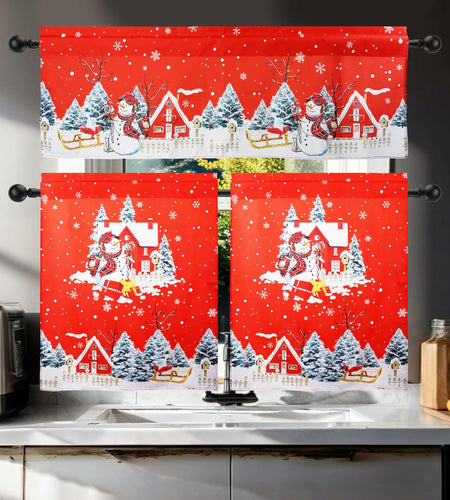 aiwkjdns 3 Piece Christmas Kitchen Window Curtains Set Red Rayon 27.5x36 in