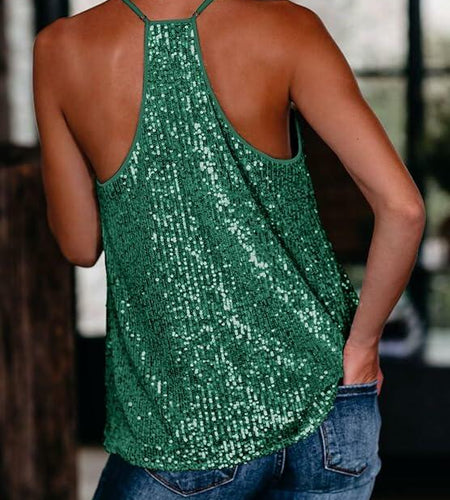 Miduo Womens Plus Size Sequin Tank Top V Neck Halter Green Size XXL