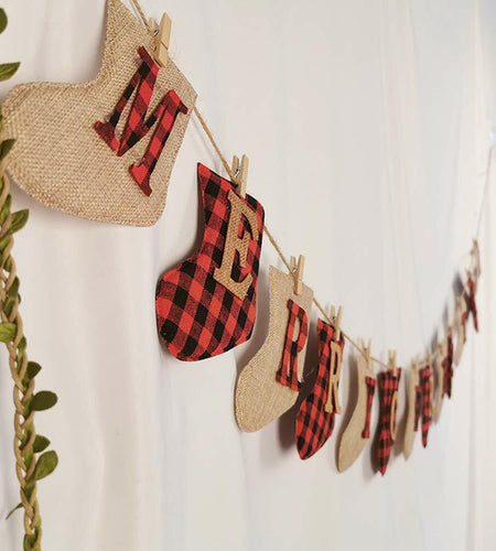 KINNJAS Merry Christmas Burlap Sock Banner 28 Piece Cotton Decoration