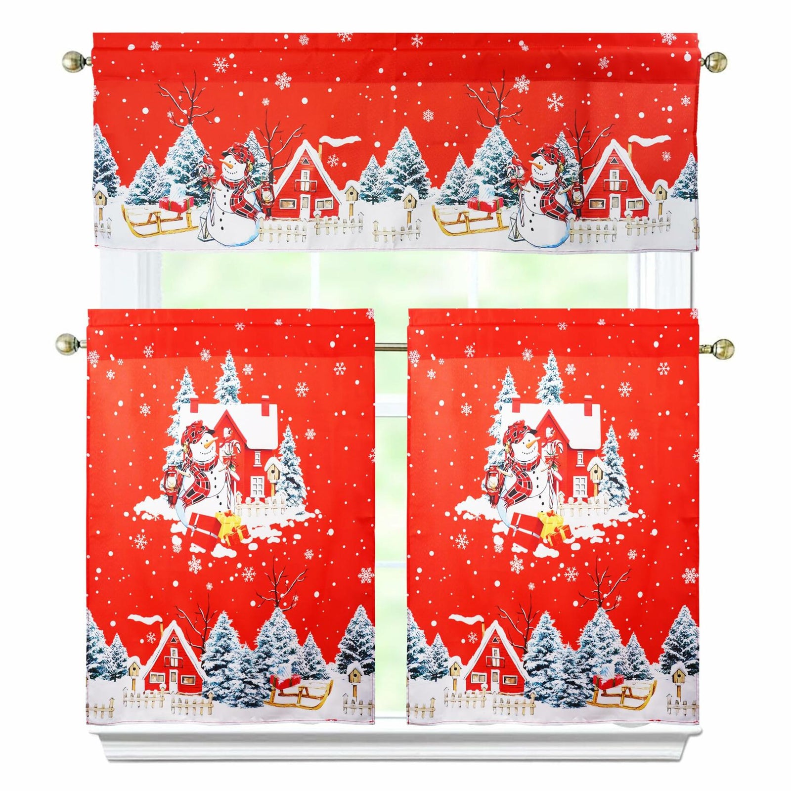 aiwkjdns 3 Piece Christmas Kitchen Window Curtains Set Red Rayon 27.5x36 in