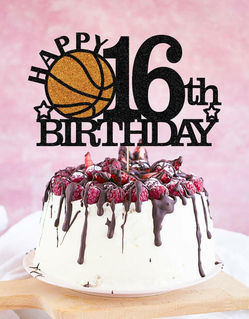 Load image into Gallery viewer, Klionjor Basketball 16th Birthday Cake Topper Black Glitter 16 Count Cardboard
