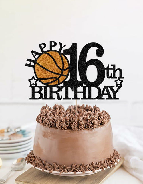 Load image into Gallery viewer, Klionjor Basketball 16th Birthday Cake Topper Black Glitter 16 Count Cardboard
