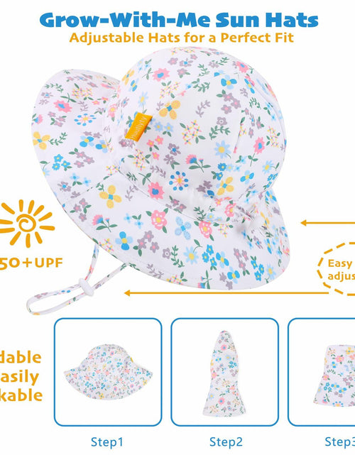 Load image into Gallery viewer, Huuflyty Baby Girl Adjustable Sun Hat Wide Brim UPF 50+ Floral Khaki Size 6-24M
