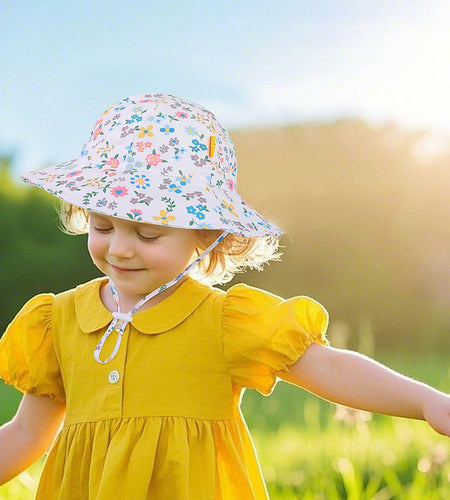 Huuflyty Baby Girl Adjustable Sun Hat Wide Brim UPF 50+ Floral Khaki Size 6-24M