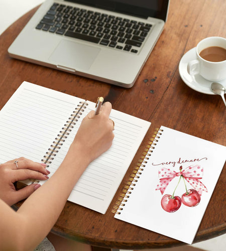 VIIJJUE Coquette Pink Bow Cherry Hardcover Spiral Notebook 5.5x8.3 Inch