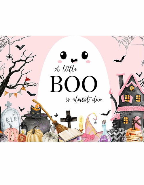 Load image into Gallery viewer, Mocsicka Little Boo Halloween Baby Shower Backdrop Banner Pink Black 70.8x43.3in
