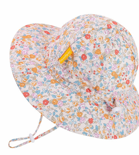 Huuflyty Baby Girl Adjustable Sun Hat Wide Brim UPF 50+ Floral Khaki Size 6-24M