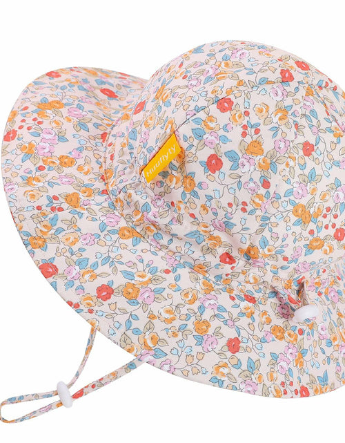 Load image into Gallery viewer, Huuflyty Baby Girl Adjustable Sun Hat Wide Brim UPF 50+ Floral Khaki Size 6-24M
