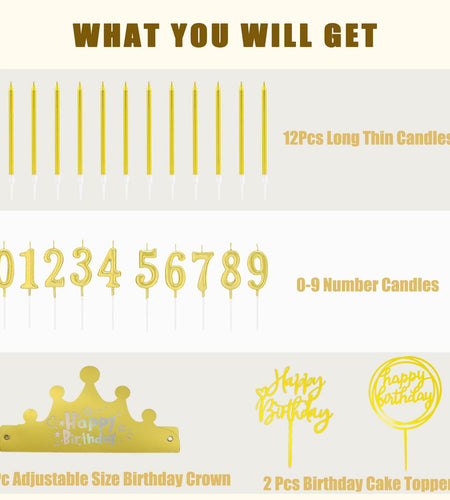 Chanseen 25Pcs Gold Birthday Candle Set Number 0-9 Metallic Long Thin