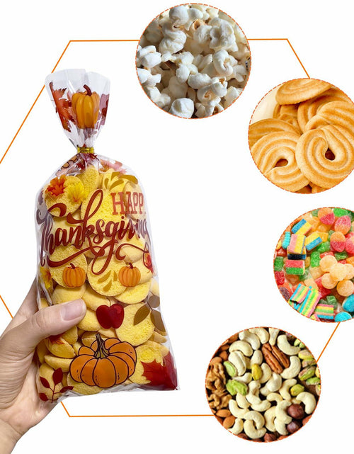 Load image into Gallery viewer, QOIUSO 100PCS Thanksgiving Treat Bags with 110 Twist Ties Pumpkin Leaf
