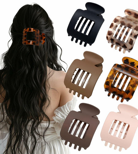 6Pcs Flat Square Leopard Hair Clips Large Claw Clips Non Slip Strong Hold
