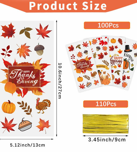 QOIUSO 100PCS Thanksgiving Treat Bags with 110 Twist Ties Pumpkin Leaf