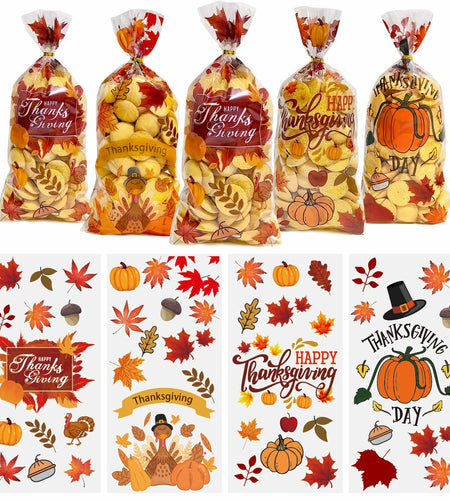 QOIUSO 100PCS Thanksgiving Treat Bags with 110 Twist Ties Pumpkin Leaf