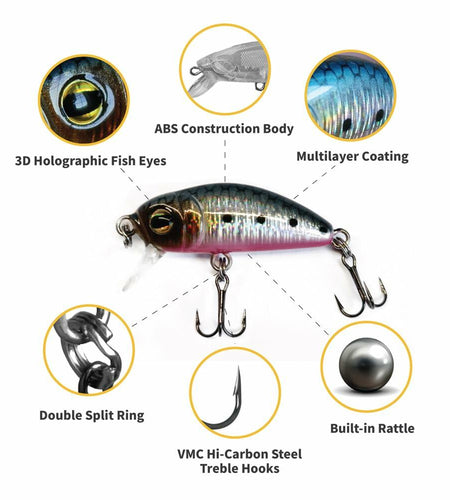 1ZU 3-Pack Fishing Lures with VMC Hooks Crankbait Bass Perch Walleye Trout Pike