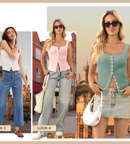 Women's MAOECO Ribbed Tank Top Sleeveless Henley Button Down Slim Fit