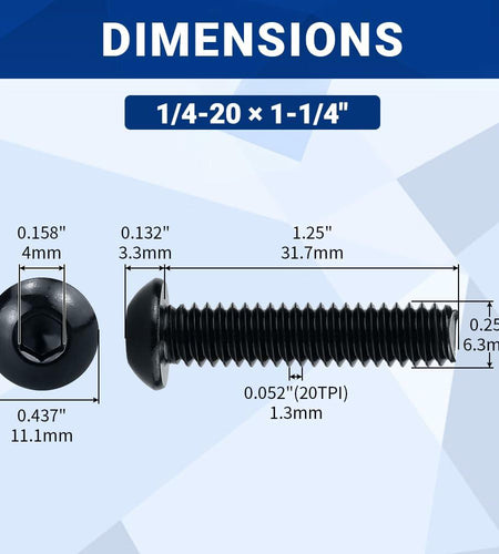 1/4-20 x 1-1/4" Stainless Button Socket Cap Screws 25pcs w/ Hex Wrench