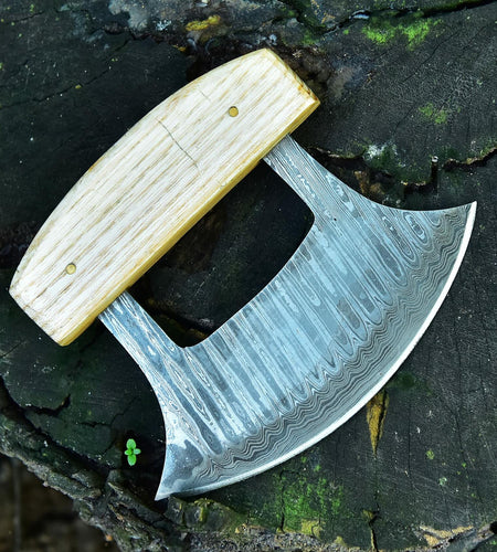 Handmade Damascus Steel Ulu Knife – Multi-Purpose Kitchen Blade with Sheath