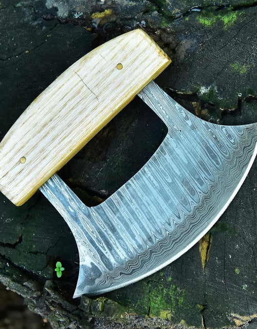 Load image into Gallery viewer, Handmade Damascus Steel Ulu Knife – Multi-Purpose Kitchen Blade with Sheath
