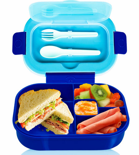 DifaBella Kids Lunch Box – 4-Compartment Bento Box with Spoon & Fork (Blue)