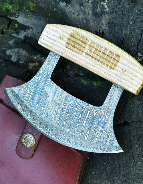 Load image into Gallery viewer, Handmade Damascus Steel Ulu Knife – Multi-Purpose Kitchen Blade with Sheath
