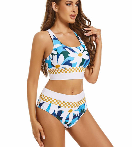 Subriank 2-Piece High-Waist Colorblock Swimsuit for Women (DeepSkyBlue, M)