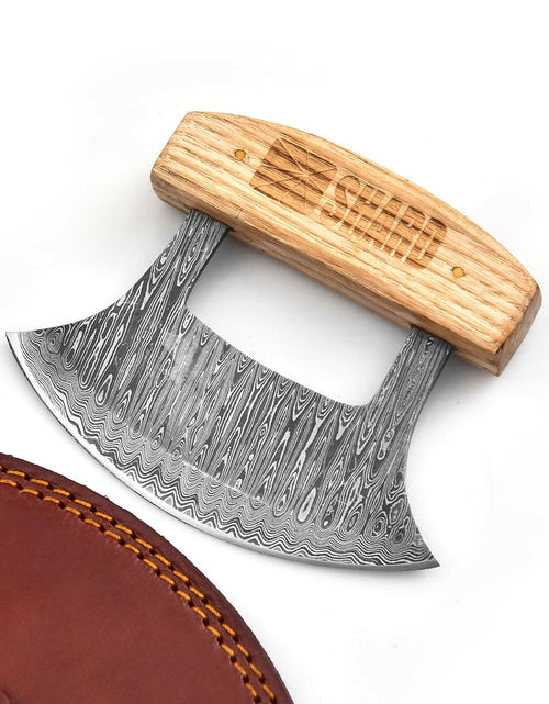 Load image into Gallery viewer, Handmade Damascus Steel Ulu Knife – Multi-Purpose Kitchen Blade with Sheath
