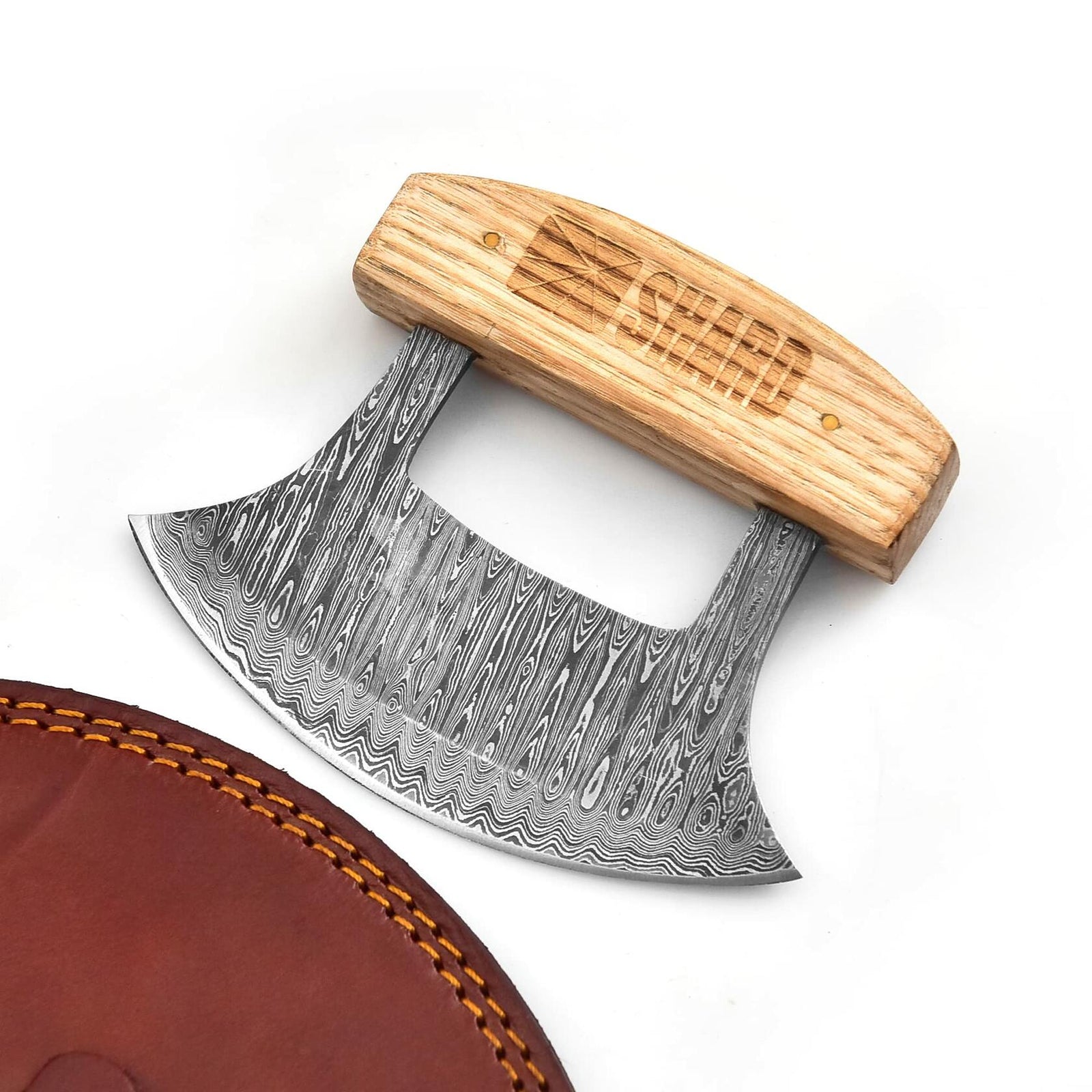 Handmade Damascus Steel Ulu Knife – Multi-Purpose Kitchen Blade with Sheath