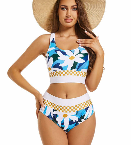 Subriank 2-Piece High-Waist Colorblock Swimsuit for Women (DeepSkyBlue, M)