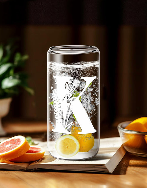 Load image into Gallery viewer, Monogrammed Glass Tumbler Cup with Lid &amp; Straw Personalized Gift OPEN BOX
