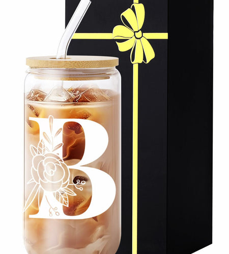 Monogrammed Glass Tumbler Cup with Lid & Straw Personalized Gift OPEN BOX