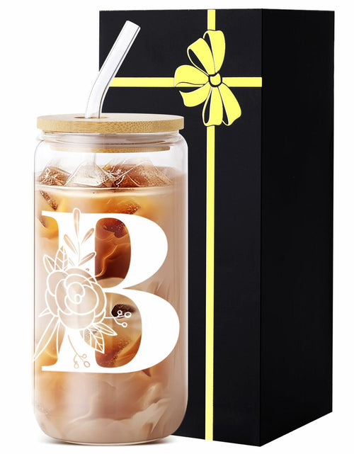 Load image into Gallery viewer, Monogrammed Glass Tumbler Cup with Lid &amp; Straw Personalized Gift OPEN BOX
