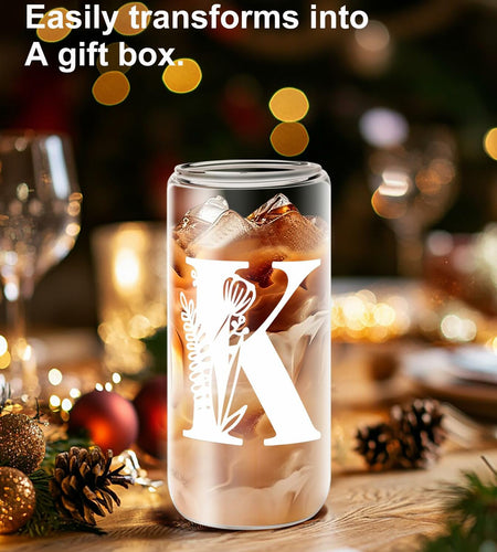 Monogrammed Glass Tumbler Cup with Lid & Straw Personalized Gift OPEN BOX