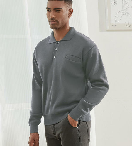 Thkzn Men’s Knit Polo Sweater Grey Long Sleeve Fleece Lined XL Classic