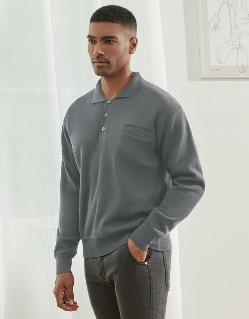 Load image into Gallery viewer, Thkzn Men’s Knit Polo Sweater Grey Long Sleeve Fleece Lined XL Classic
