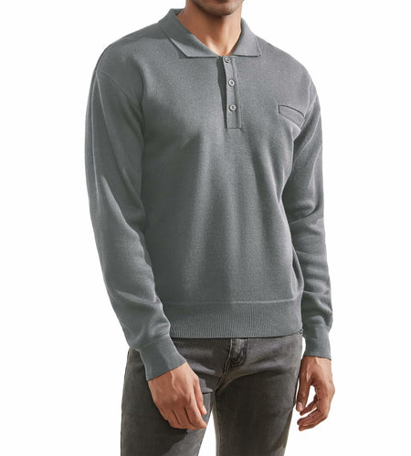 Thkzn Men’s Knit Polo Sweater Grey Long Sleeve Fleece Lined XL Classic