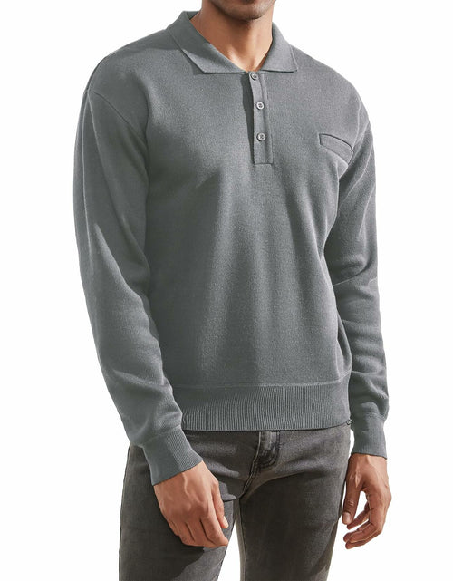Load image into Gallery viewer, Thkzn Men’s Knit Polo Sweater Grey Long Sleeve Fleece Lined XL Classic
