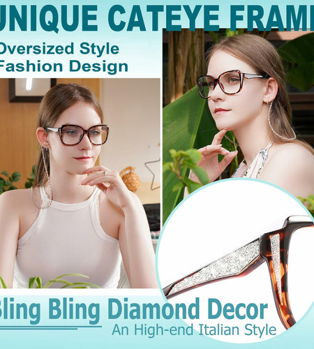 Yiwaeye Oprah Style Oversized Reading Glasses +1.5 with Chain Black/Tortoise