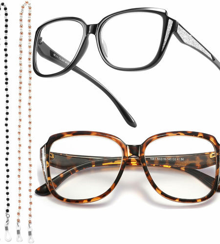 Yiwaeye Oprah Style Oversized Reading Glasses +1.5 with Chain Black/Tortoise