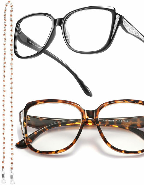 Load image into Gallery viewer, Yiwaeye Oprah Style Oversized Reading Glasses +1.5 with Chain Black/Tortoise

