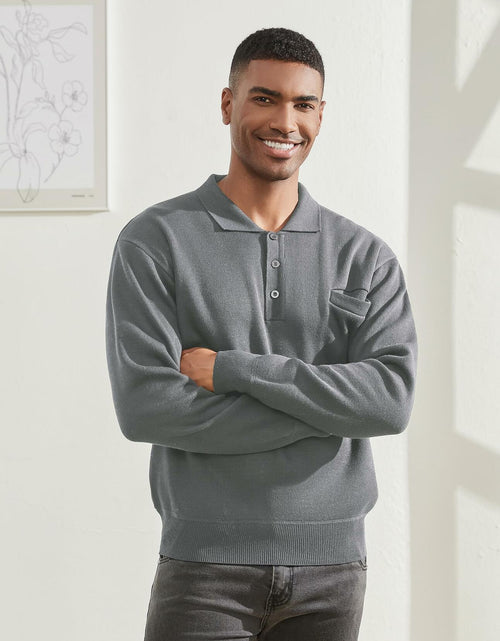 Load image into Gallery viewer, Thkzn Men’s Knit Polo Sweater Grey Long Sleeve Fleece Lined XL Classic
