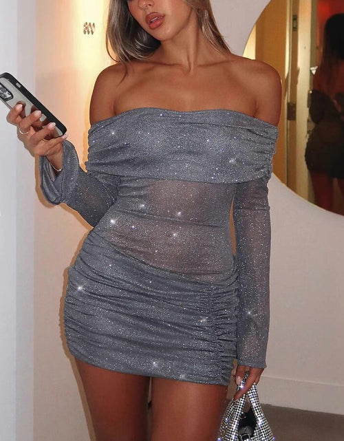 Load image into Gallery viewer, Uni Clau Women’s Grey Off-Shoulder Sparkly Mini Dress XL | Long Sleeve Y2K
