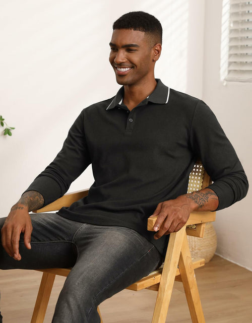 Load image into Gallery viewer, Thkzn Men’s Fleece Lined Polo Shirt Long Sleeve Button Golf Casual Black 2XL
