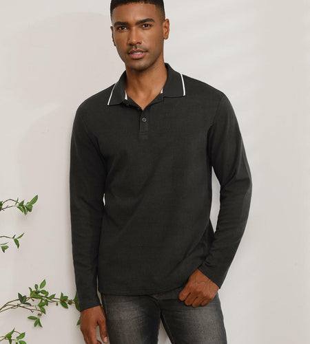 Thkzn Men’s Fleece Lined Polo Shirt Long Sleeve Button Golf Casual Black 2XL