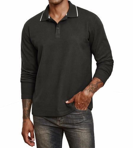 Thkzn Men’s Fleece Lined Polo Shirt Long Sleeve Button Golf Casual Black 2XL