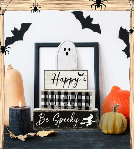 Yalikop Halloween Ghost Table Decor Wooden Block Signs Farmhouse 4 Pcs