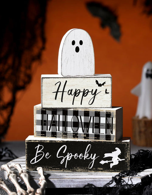 Load image into Gallery viewer, Yalikop Halloween Ghost Table Decor Wooden Block Signs Farmhouse 4 Pcs
